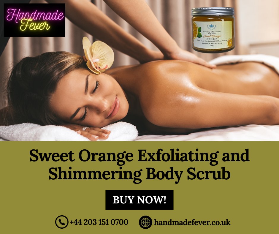 HandmadeFever's tweet photo. Say hello to glowing, refreshed skin the natural way ✨
Our Sweet Orange Exfoliating &amp; Shimmering Body Scrub gently exfoliates and leaves your skin with a radiant glow. 
Shop now 👉 https://t.co/sUmqwLS9BJ #BodyScrub #SmoothSkin #CleanBeauty #SelfCareRoutine #SkincareGlow https://t.co/06Hcxd97aY