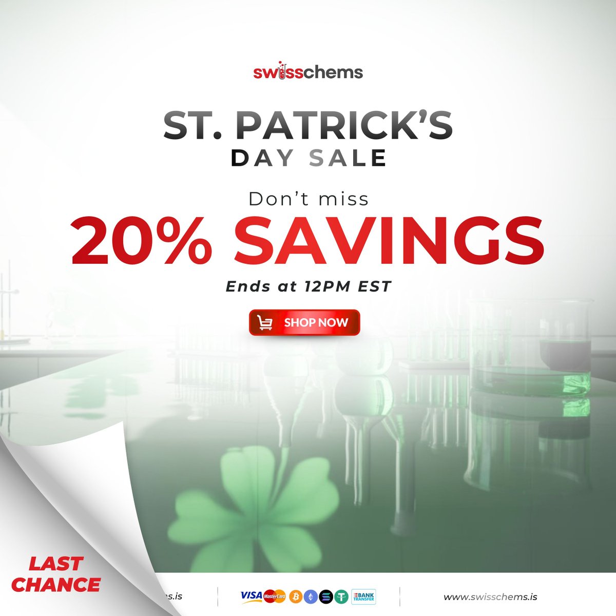 The St. Patrick’s Day event ends today at 12PM EST.

Final chance to secure 20% total savings on research compounds.

10% automatic discount + 10% more with SPD10

👉 swisschems.is