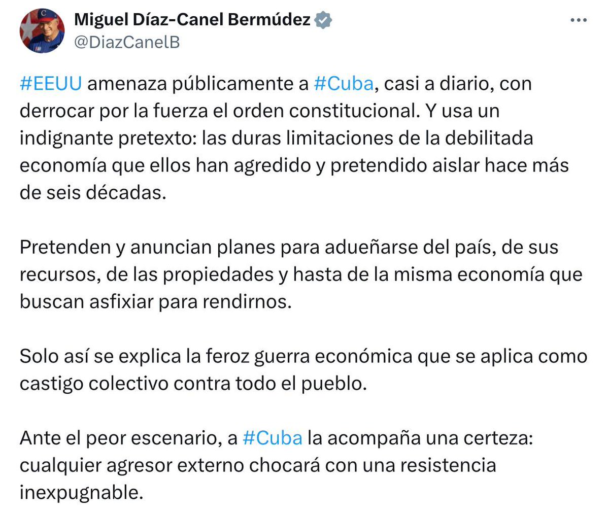 Cuban President Miguel Díaz-Canel Bermúdez made a statement:

"The USA almost daily publicly threaten Cuba with a violent overthrow of its constitutional order. And they use an outrageous pretext for this: serious restrictions on a weakened economy, which they have attacked and
