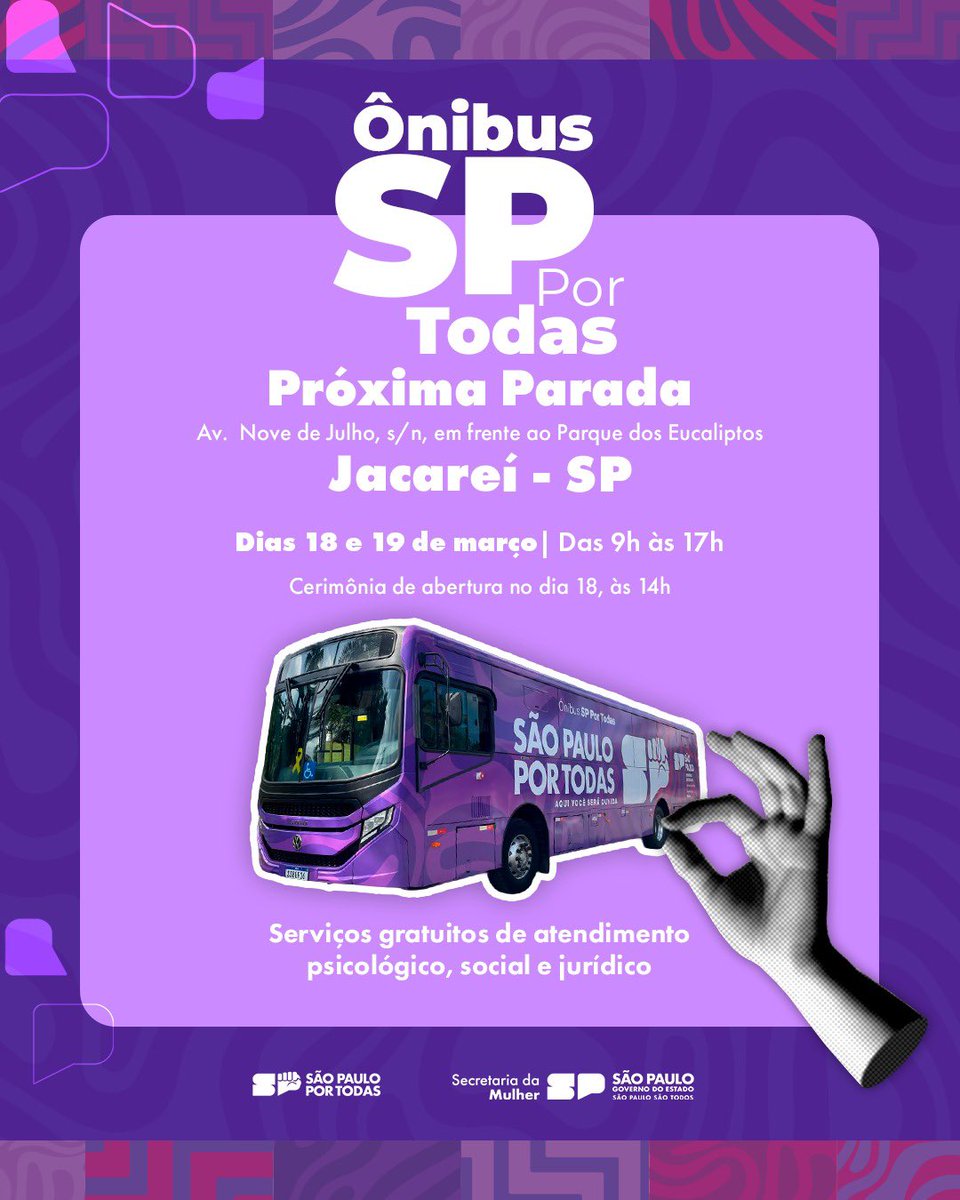 Jacareí recebe o Ônibus SP Por Todas nos dias 18 e 19/3 💜
Atendimento gratuito com acolhimento psicossocial, orientação jurídica e apoio à mulher.

📍 Av. Nove de Julho, s/n – Centro
⏰ 9h às 17h

Compartilhe com quem pode precisar. Cuidado também é acesso.