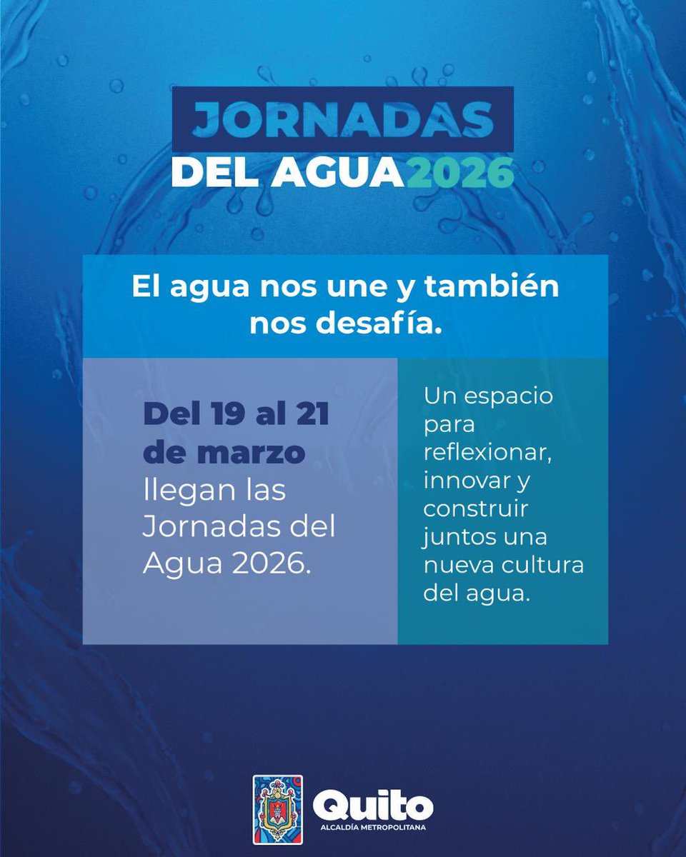aguadequito's tweet photo. 🌎 #JornadasdelAgua2026 | En el marco del Día Mundial del Agua, desarrollamos ponencias científicas nacionales e internacionales, donde expertos comparten conocimientos, innovación y buenas prácticas para fortalecer la gestión del agua potable y el saneamiento en la ciudad.

Además, impulsamos espacios culturales como el concurso de música “Mi vida junto al agua”, que busca promover el cuidado de este recurso vital.

Regístrate aquí 👉🏼 https://t.co/5KJVOKTUIc

Así construimos conciencia, conocimiento y compromiso ciudadano para proteger el agua de Quito.

#QuitoRenace
#QuitoNoSeDetiene