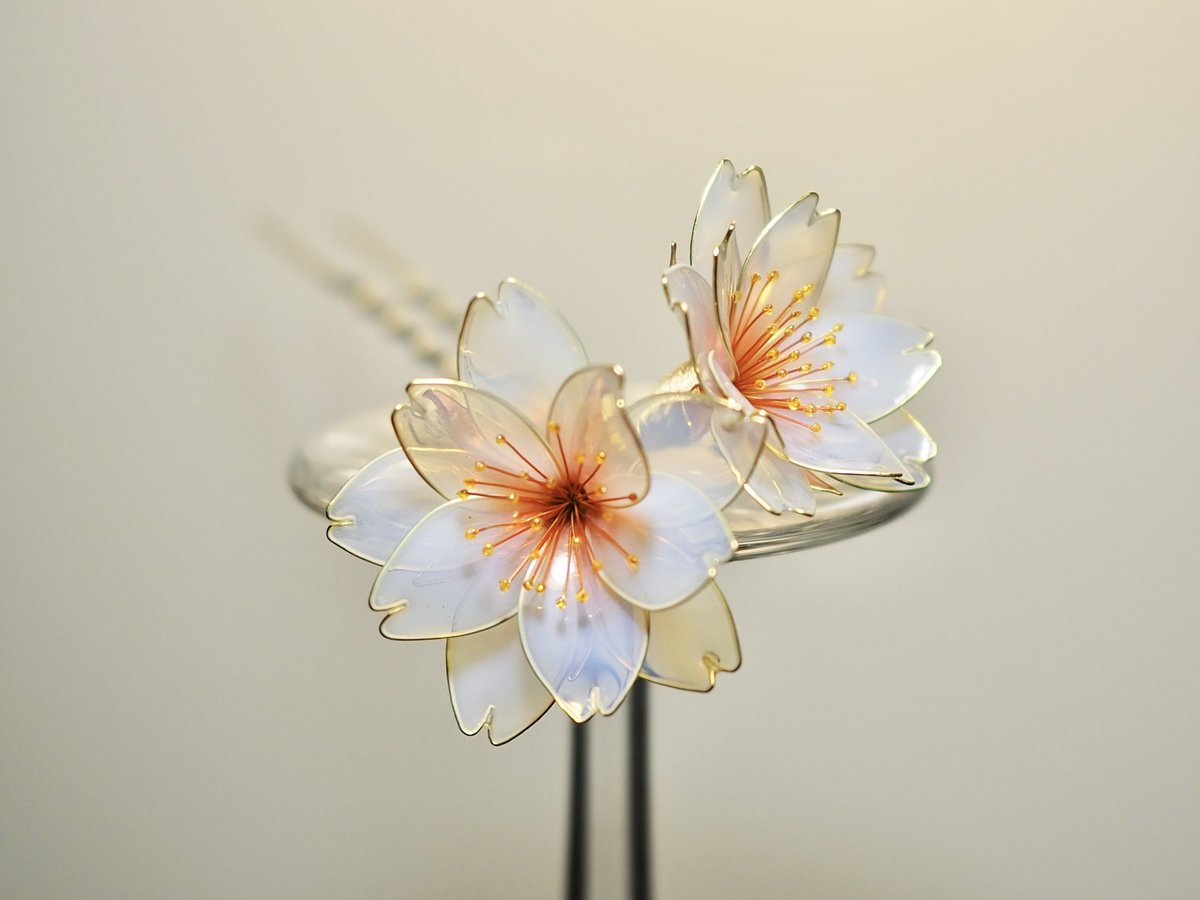 saionarrow's tweet photo. 八重桜 〜花重〜

ひとひら、またひとひら。
春の光を閉じ込めるように、
八重桜は重なり咲きます。

透ける花びらの奥に宿る、
やわらかな紅と金のしずく。

揺れるたび、表情を変え、
髪に春の余韻を残す簪です。 https://t.co/m89Nwipi7H