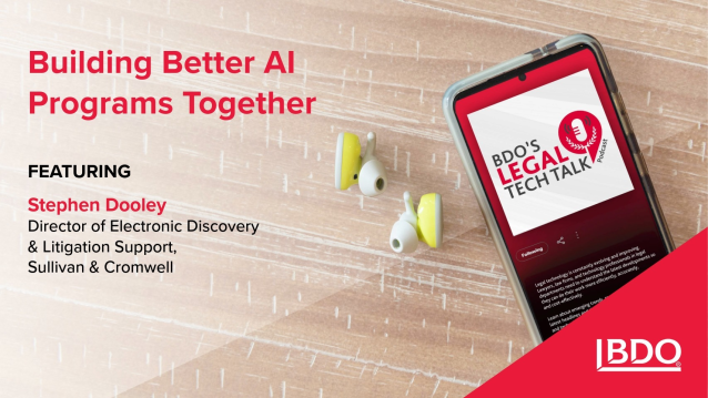 Getty313's tweet photo. How can teams operationalize AI with transparency, real-time learning &amp; a shared development program that reduces redundancy &amp; duplication? This episode features Stephen Dooley (Sullivan &amp; Cromwell) explaining his process on @BDO_USA's Legal Tech Talk: https://t.co/JyJUAaiuSO https://t.co/C7v0Rnd7oT