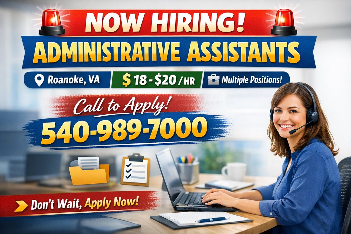 We're hiring Administrative Assistants in Roanoke, VA!
Earn $18-$20/hr in a full-time role.
Multiple openings available.
Call 540-989-7000 today! #JobOpening #RoanokeJobs