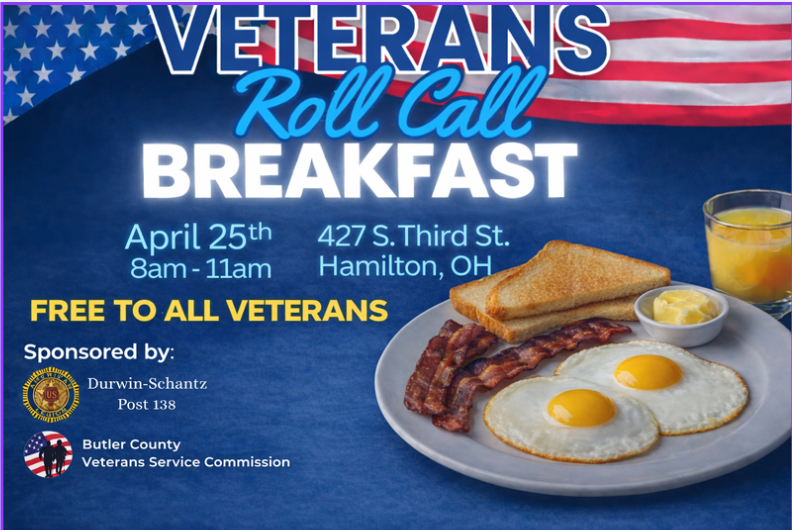 BcVsc's tweet image. ☕🇺🇸 Veterans Roll Call Breakfast! 

All veterans are invited for a FREE breakfast and conversation.

🗓️ April 25 | 8–11 AM  
📍 427 S. Third St., Hamilton, OH

Sponsored by Durwin-Schantz Post 138 &amp;amp; BCVSC.

#BCVetsOH #Veterans #HamiltonOH