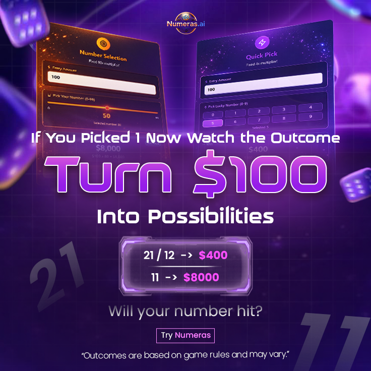 Turn $100 into possibilities 💰

🎯 Hit → $400
🔥 Hit big → $8,000

Every number is a chance.

Every move is strategy.

Will your number hit? 👀

#Numeras #PredictionGame #CryptoGaming #Web3