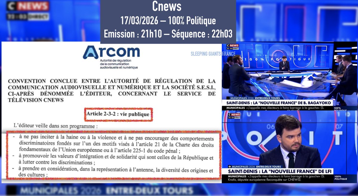 slpng_giants_fr's tweet photo. 🔴 Saisine #Arcom pour #CNews
Infos dans l'image

Séquence raciste, déformation des propos d'un élu en raison de son origine, délire de victimisation outrancière des "gaulois", négation de la diversité par l'utilisation du "ils" et du "nous"
(adaptez selon votre point de vue)
1/2 https://t.co/YfENaup2WT
