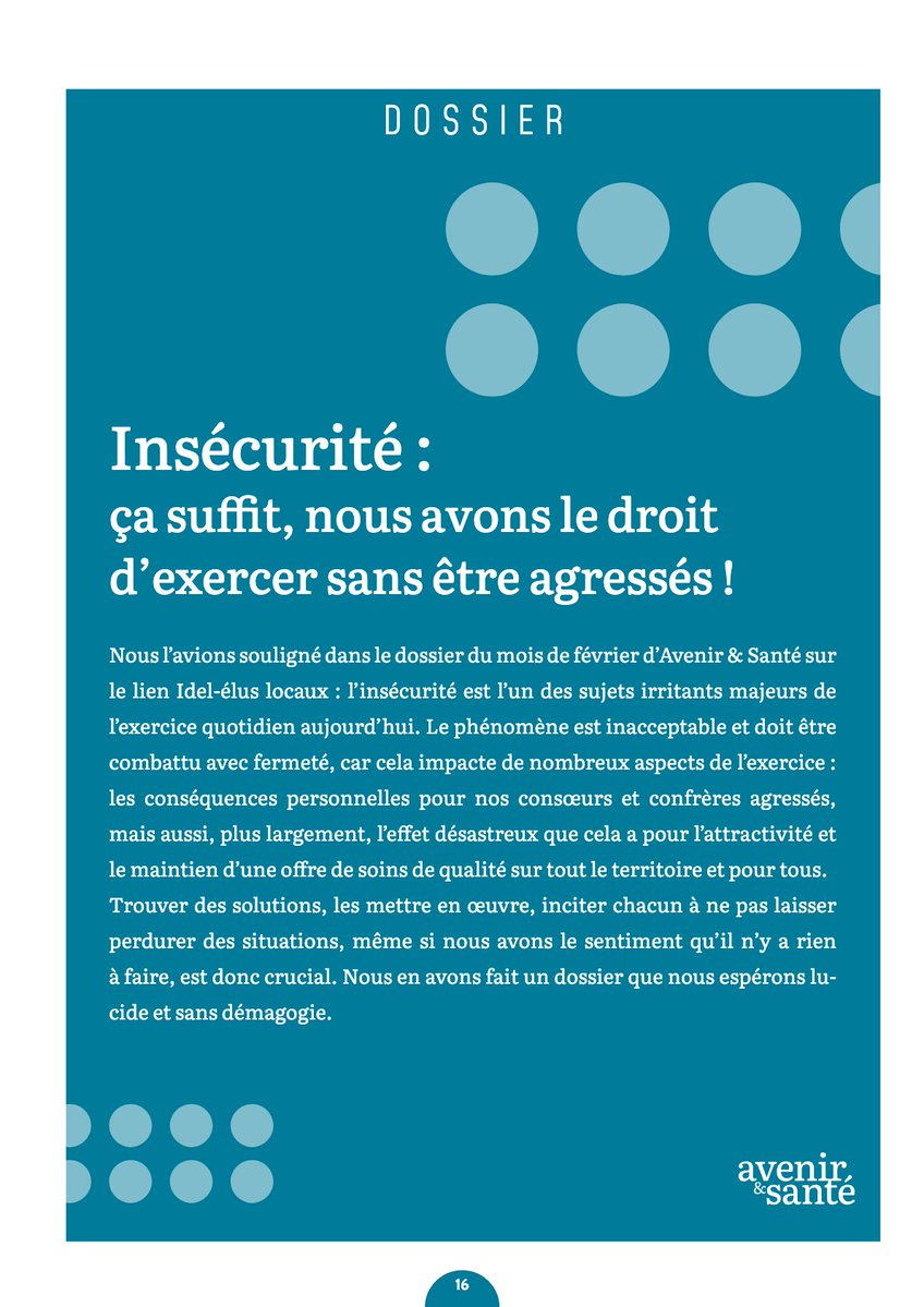 📋 Dossier du mois — Avenir &amp; Santé de mars 2026

Insécurité : ça suffit, nous avons le droit d’exercer sans être agressés ! Nous l’avions souligné dans le dossier du mois de février d’Avenir &amp; Santé sur le lien Idel-élus locaux : l’insécurité est l’un des sujets irritants