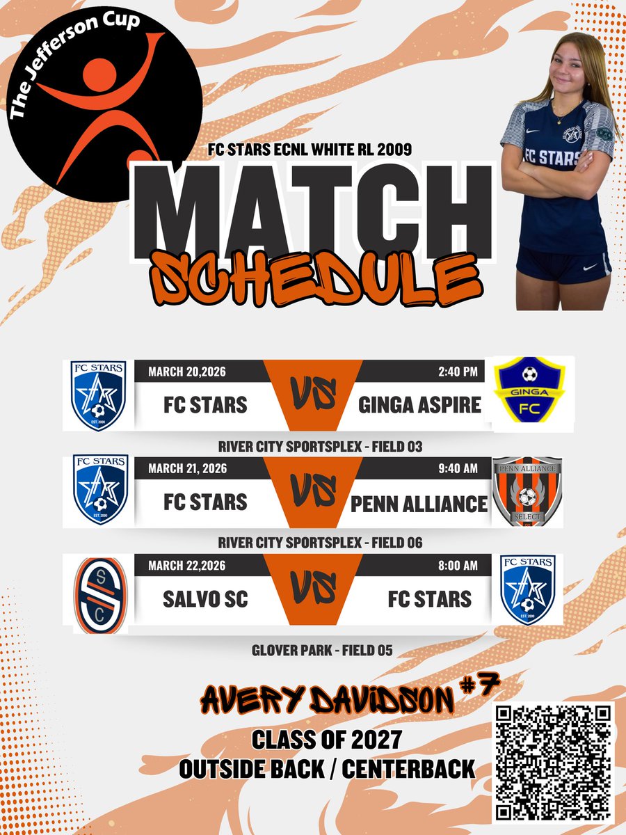 avedave7_soccer's tweet photo. Excited to be competing at Jefferson Cup this weekend with FC Stars ECNL White RL 2009 ⚽🔥

📍 March 20 | 2:40 PM vs Ginga Aspire
📍 March 21 | 9:40 AM vs Penn Alliance
📍 March 22 | 8:00 AM vs Salvo SC

Class of 2027
Outside Back / Center Back 

#JeffersonCup #ECNL #FCStars https://t.co/f5qpNgFMno