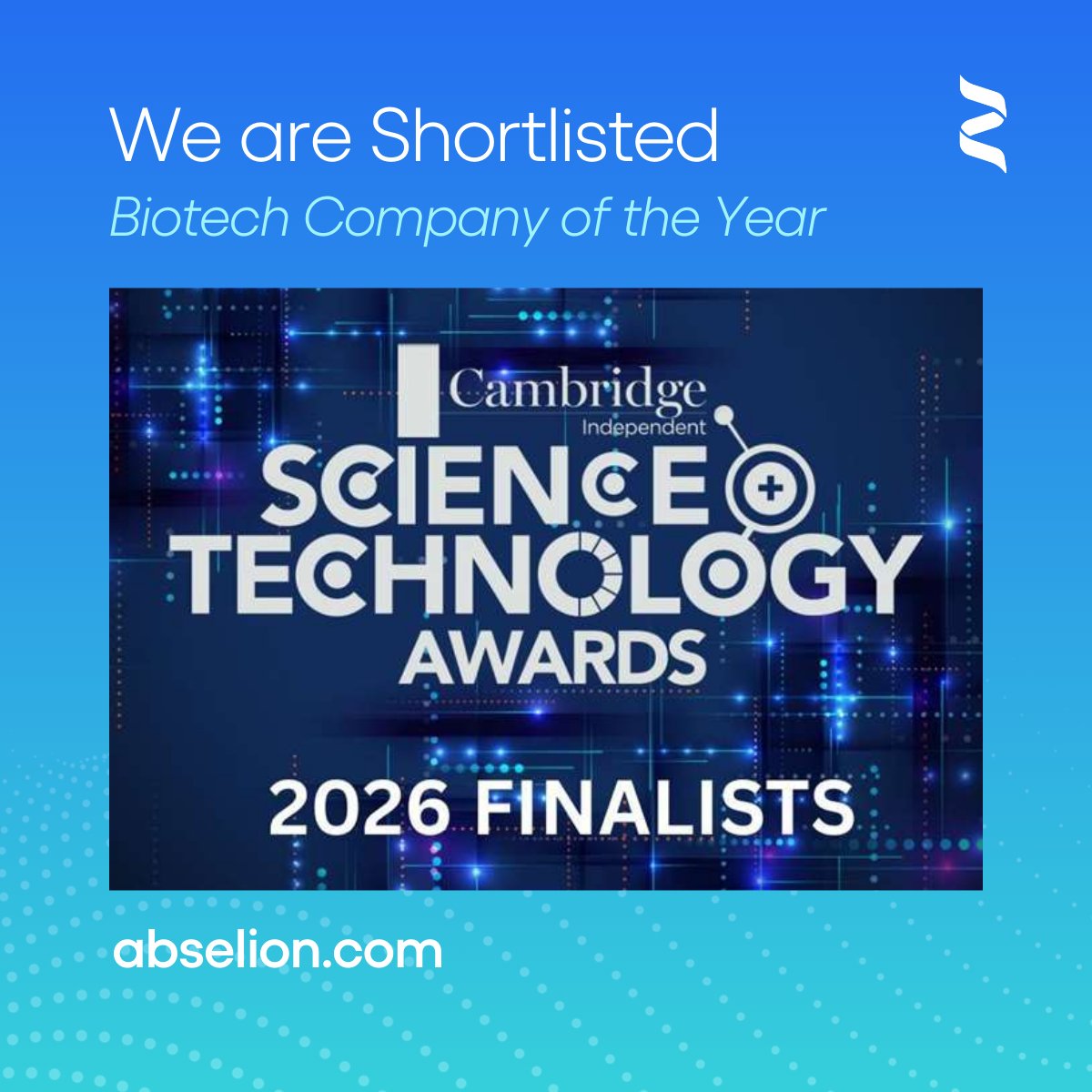 Delighted that Abselion has been shortlisted for Biotech Company of the Year at the Independent Science &amp; Technology Awards 2026 🎉 <a href="/CambridgeIndy/">Cambridge Independent</a> 
Looking forward to the awards evening!
cambridgeindependent.co.uk/business/final…