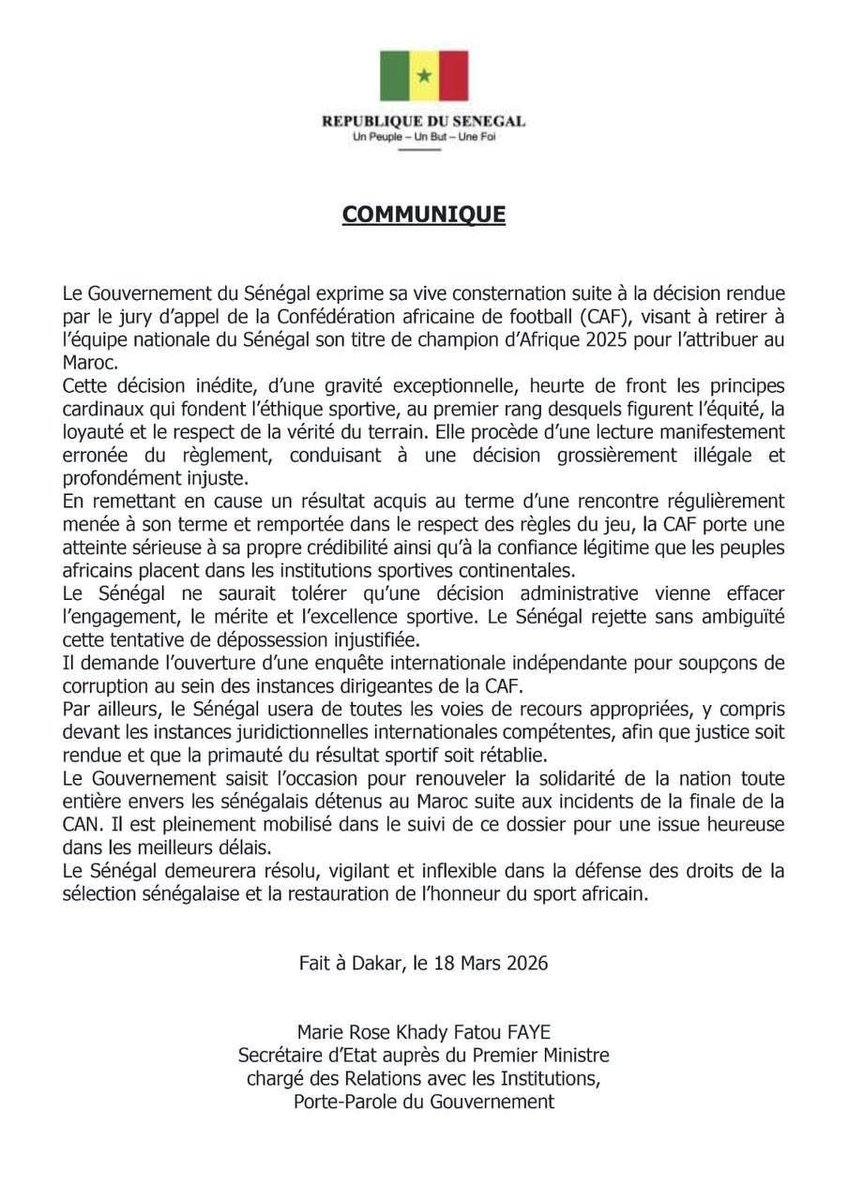 DIOPAbduu's tweet photo. « Le Gouvernement du Sénégal demande l'ouverture d'une enquête internationale indépendante pour soupçons de corruption au sein des instances dirigeantes de la CAF ». Une nécessité absolue face à cette mascarade ! 
#CAN2025
#Sénégal 
#AFCON2025 https://t.co/JbmofrOzaX