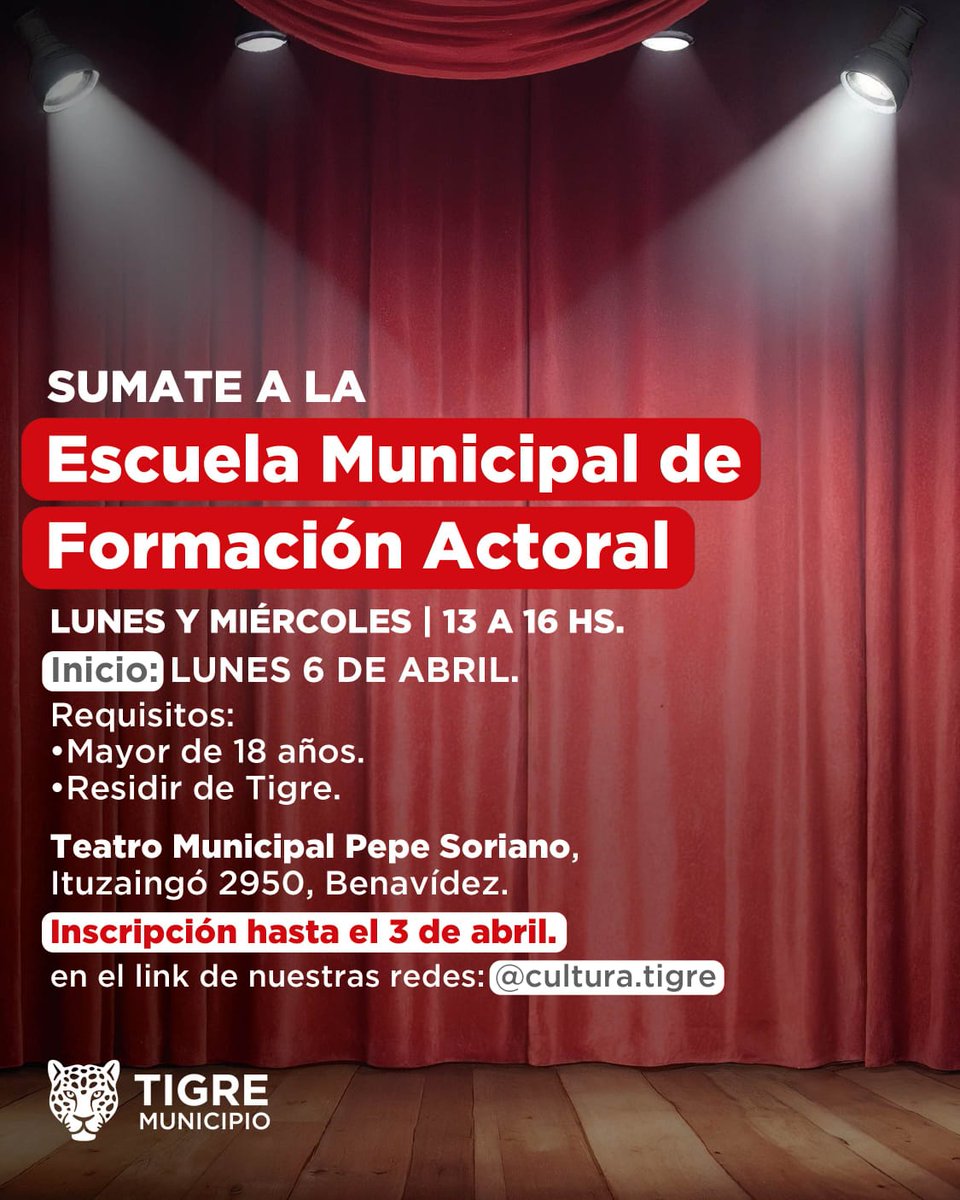 🎭 𝐒𝐔𝐌𝐀𝐓𝐄 𝐀 𝐋𝐀
𝐄𝐒𝐂𝐔𝐄𝐋𝐀 𝐌𝐔𝐍𝐈𝐂𝐈𝐏𝐀𝐋 𝐃𝐄 𝐅𝐎𝐑𝐌𝐀𝐂𝐈𝐎́𝐍 𝐀𝐂𝐓𝐎𝐑𝐀𝐋

🗓 𝐈𝐍𝐈𝐂𝐈𝐎: 𝐋𝐔𝐍𝐄𝐒 𝟔 𝐃𝐄 𝐀𝐁𝐑𝐈𝐋
✍️ 𝐈𝐧𝐬𝐜𝐫𝐢𝐩𝐜𝐢𝐨́𝐧 𝐡𝐚𝐬𝐭𝐚 𝐞𝐥 𝟑 𝐝𝐞 𝐚𝐛𝐫𝐢𝐥 en forms.gle/hmWEHvVzbwp3xW…

📍 Ituzaingó 2950, Benavídez. 🎭