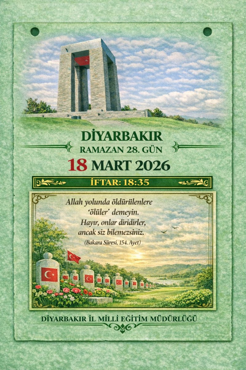 Onların fedakârlığı; inancın, cesaretin ve adanmışlığın en güçlü ifadesidir. <a href="/tcmeb/">Millî Eğitim Bakanlığı</a> <a href="/meb_dhgm/">Destek Hizmetleri Genel Müdürlüğü</a> <a href="/omurfatih/">Ömür Fatih Karakullukçu</a> <a href="/dbakirvalilik/">T.C. Diyarbakır Valiliği</a>
<a href="/ozkan_meb/">Özkan AVCI</a> <a href="/gabz60/">Gökçen ADANUR</a>  <a href="/sadoglu_salih/">Salih Sadoğlu</a> <a href="/Diyarbakirmem/">Diyarbakır İl Millî Eğitim Müdürlüğü</a> <a href="/MustafaKndrn21/">Mustafa Kandıran</a>