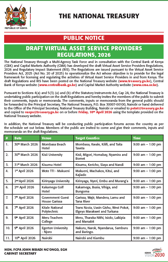 CMAKenya's tweet photo. @KeTreasury has released the draft Virtual Asset Service Providers Regulations, 2026 for public input.
This is your opportunity to shape the regulations that will govern Kenya's virtual assets sector.  
Your feedback counts.
Use the template to provide your feedback.

You can find the regulations and the template here: https://t.co/d5IYZ0iSMP
