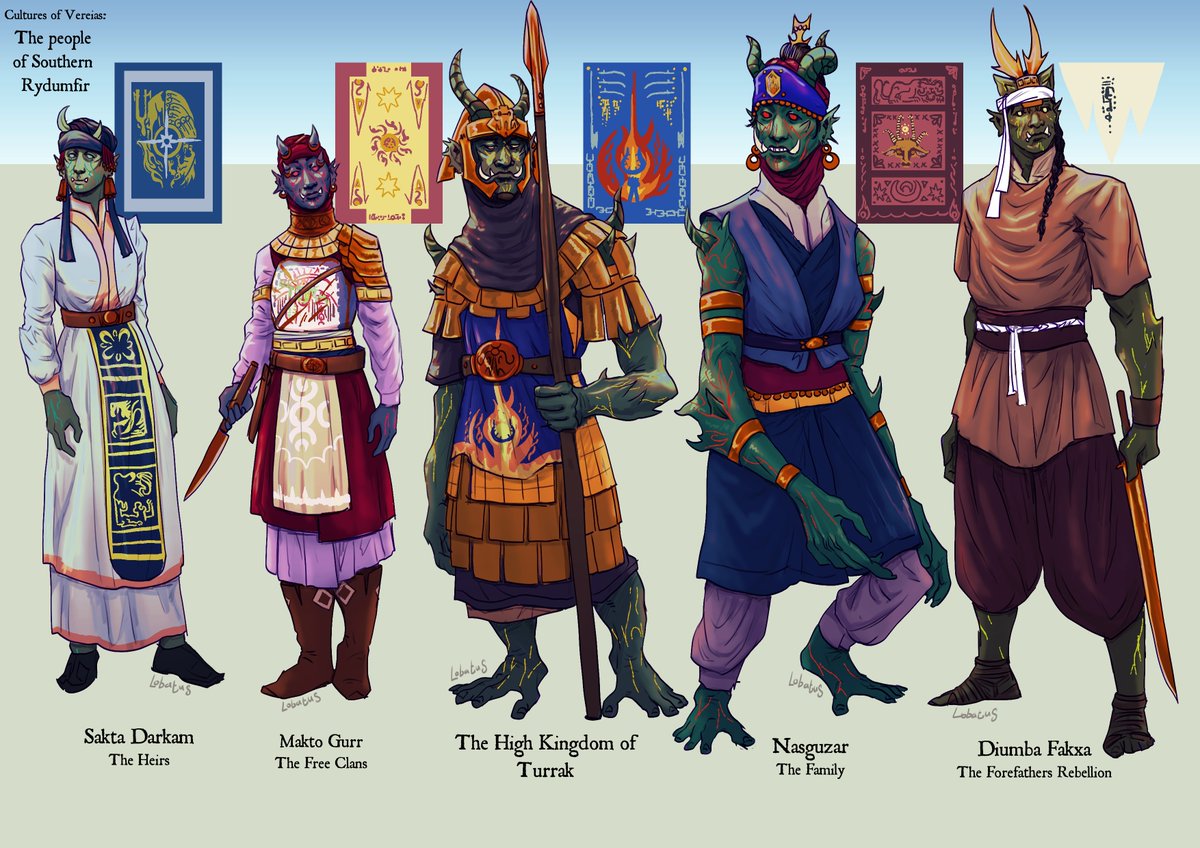 Some more cultural attire designs for the orc factions of my worldbuilding project, showing a bit more variety in orc physiology