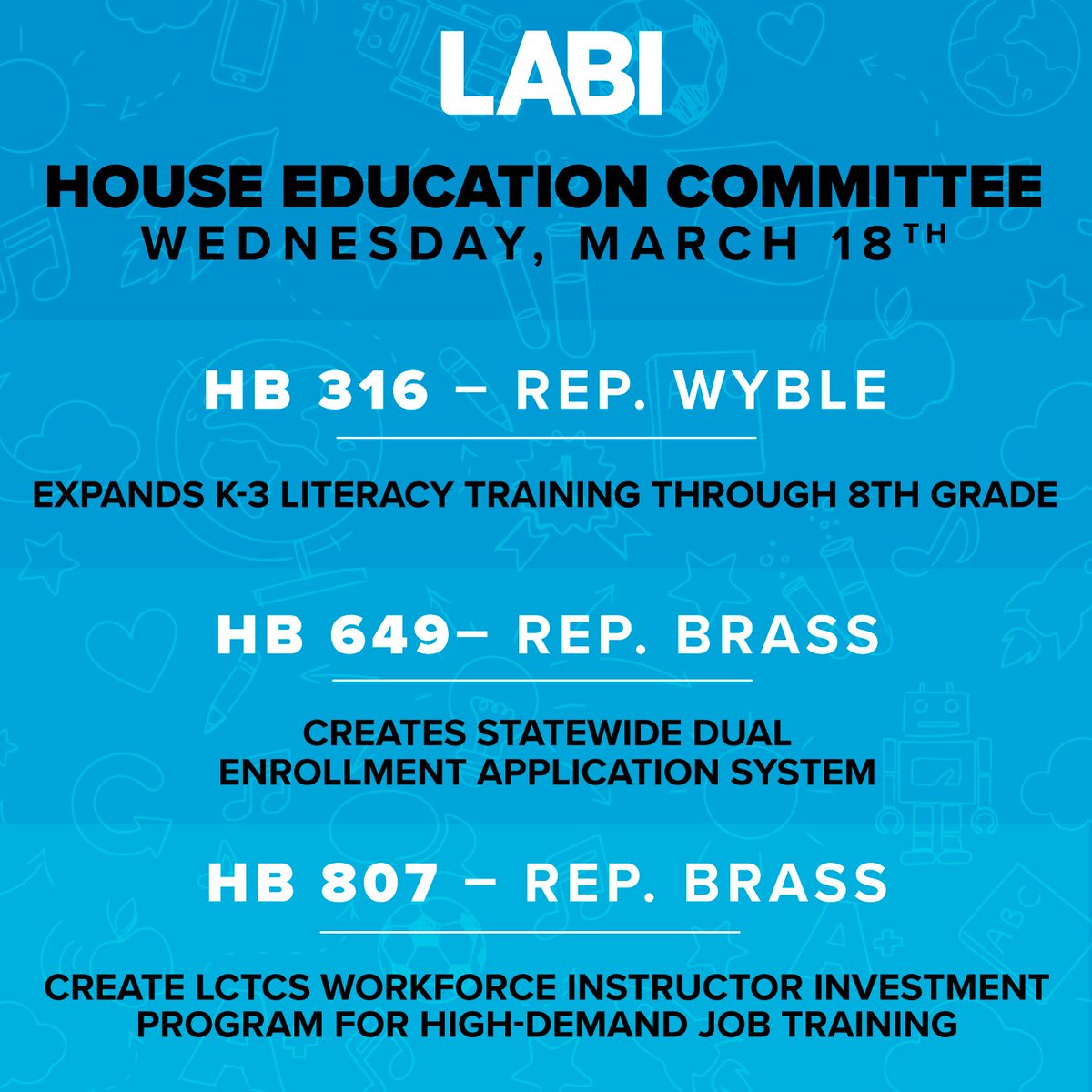 LABI_biz's tweet image. Big day coming up in House Ed: LABI is backing a collection of practical, outcomes-focused measures to prepare students for real opportunities in a changing economy—policies built to strengthen Louisiana’s future workforce. #lagov #lalege #laed