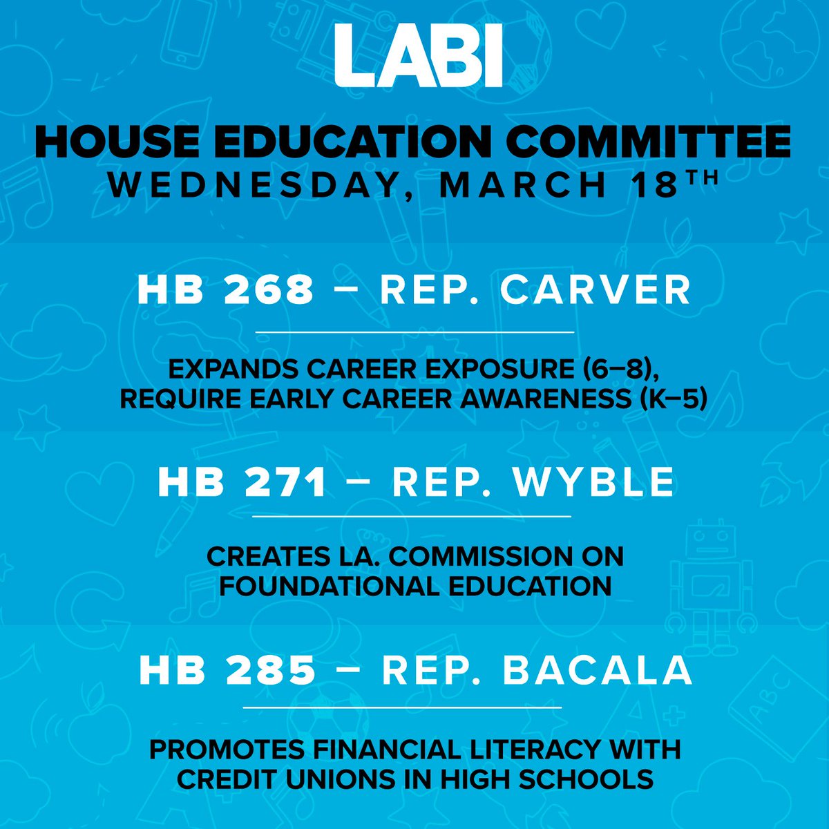 LABI_biz's tweet image. Big day coming up in House Ed: LABI is backing a collection of practical, outcomes-focused measures to prepare students for real opportunities in a changing economy—policies built to strengthen Louisiana’s future workforce. #lagov #lalege #laed