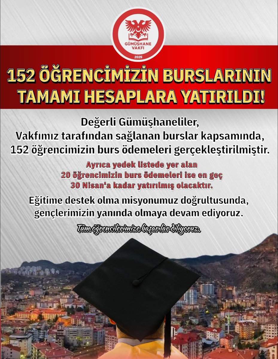 Değerli hemşerilerimiz;

Gümüşhane Vakfı olarak, burs komisyonumuz tarafından titizlikle yürütülen değerlendirme süreci neticesinde belirlenen 152 öğrencimizin tamamına ait burs ödemeleri, bayram öncesinde eksiksiz olarak gerçekleştirilmiştir.