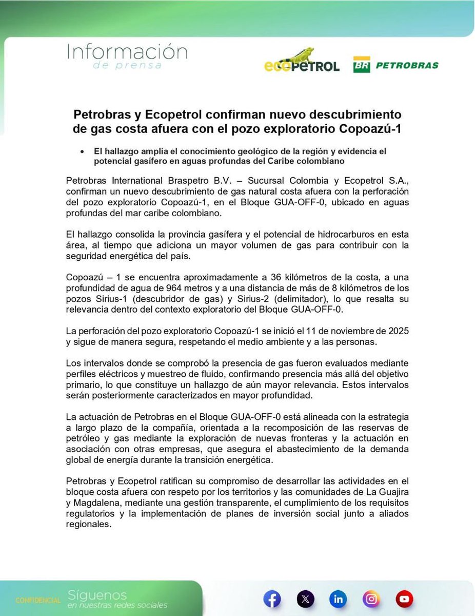 ECOPETROL_SA's tweet photo. #BuenasNoticias

#ComunicadoDePrensa | Petrobras y Ecopetrol confirman nuevo descubrimiento de gas costa afuera con el pozo exploratorio Copoazú-1.
#ElCorazónQueImpulsa

Lee más de la noticia aquí 👇 https://t.co/Zog7Lh4c1Z