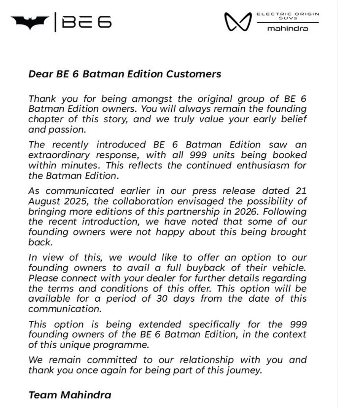 Autosaga_indiaa's tweet photo. Mahindra announces special offer for BE 6 Batman Edition owners!
- All 999 units of BE 6 Batman Edition booked within minutes, showing huge enthusiasm
- Founding owners can avail full buyback of their vehicle due to discontinuation of future editions
#Mahindra #BE6BatmanEdition https://t.co/ij35DQ9zap