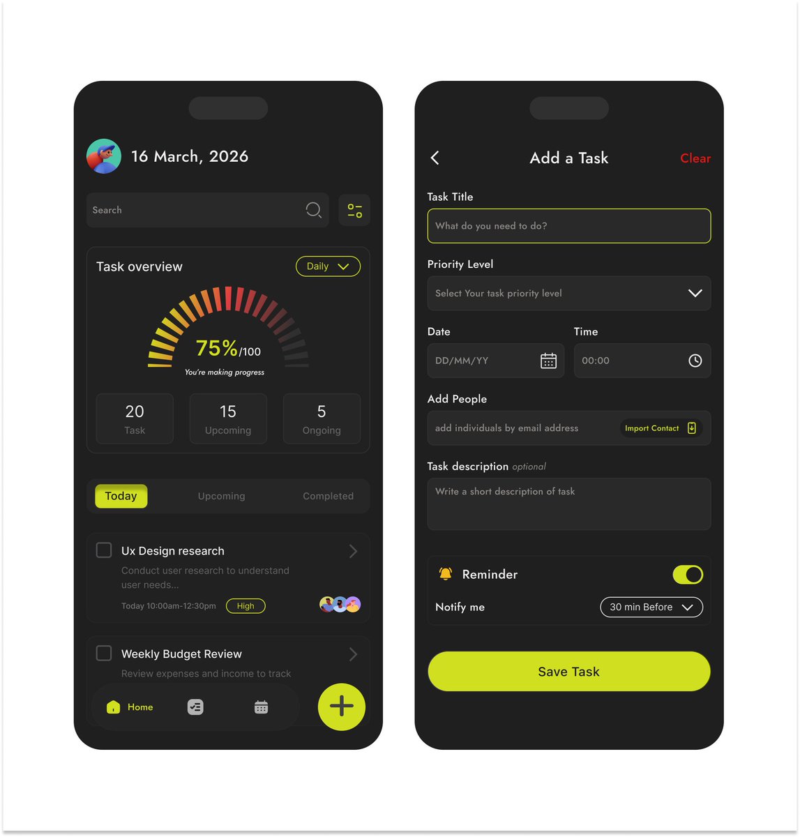 Just explored a dark-mode task tracking app concept, trying to balance clarity, motivation using the progress visualization 
What are your thought?