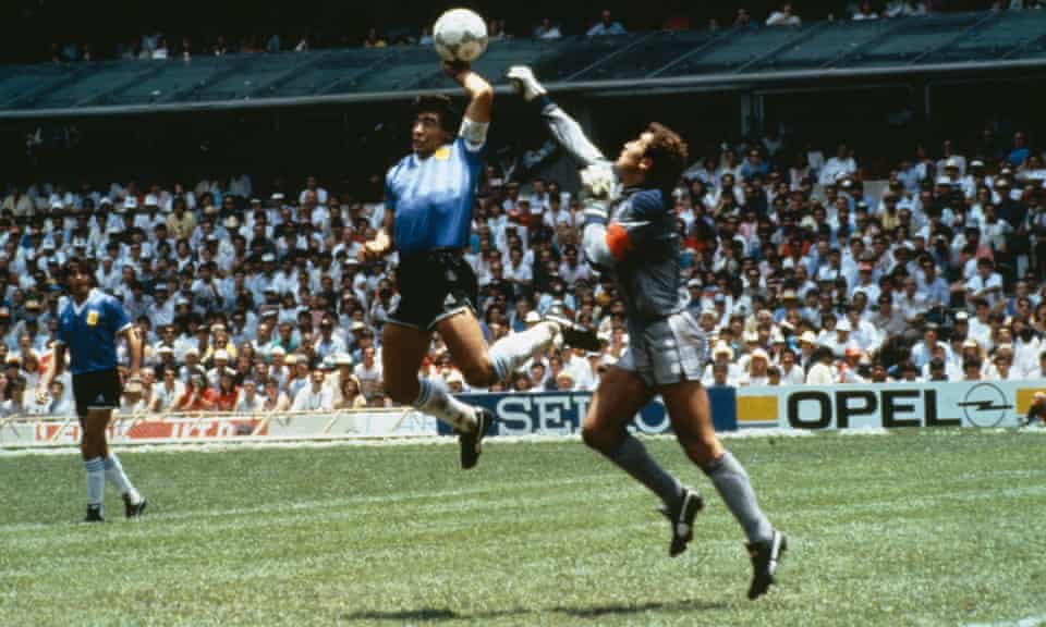 Following a VaR review of the goal by Diego Maradona, it has been deemed a handball offence and the goal has been disallowed.
England are now  winners of the quater final and the WC with a 3-1 win against W. Germany.
Congratulations to the Eng team. World cup winner 1986.