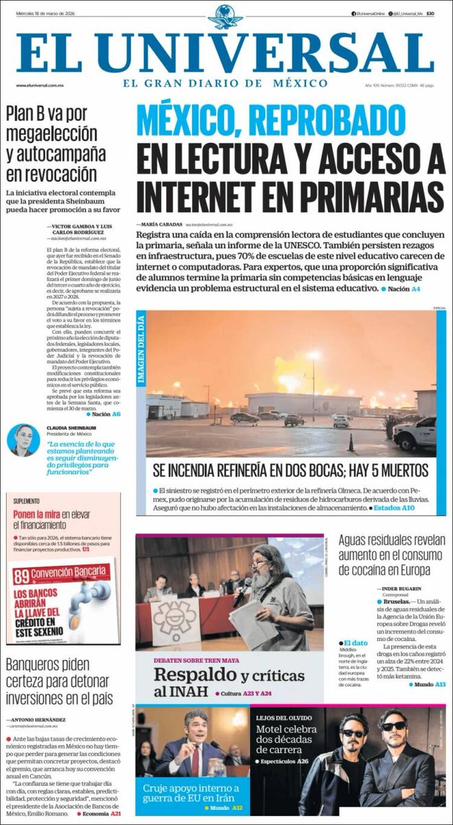 #FelizMiércoles #PortadasDiarios #18deMarzo
✅ Crece la #recaudación 2.6 % real en el primer bimestre
✅ #Empleo manufacturero tiene discreto repunte en enero del 2026