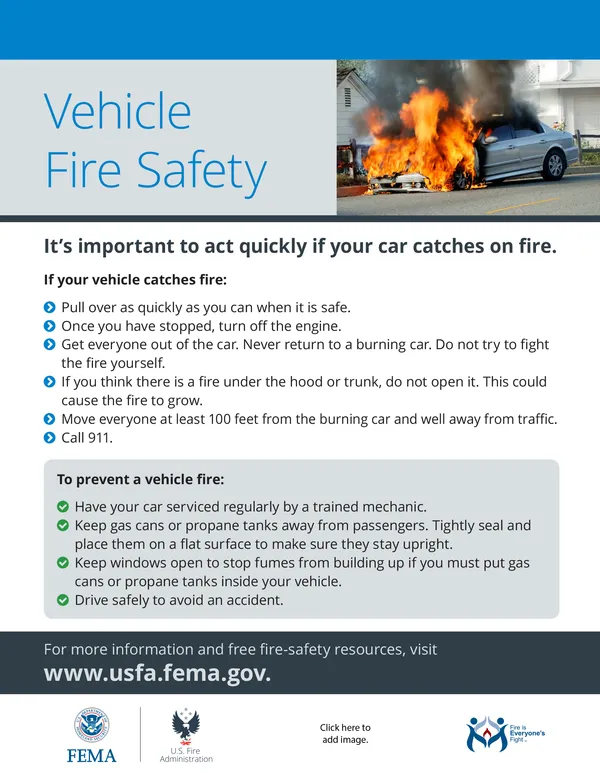 BudaFireDept's tweet photo. It's important to act quickly if a vehicle catches fire. Burning vehicles can quickly trap occupants. Mechanical and electrical issues, along with crashes, are common causes of vehicle fires. https://t.co/nQMBc9ahjq