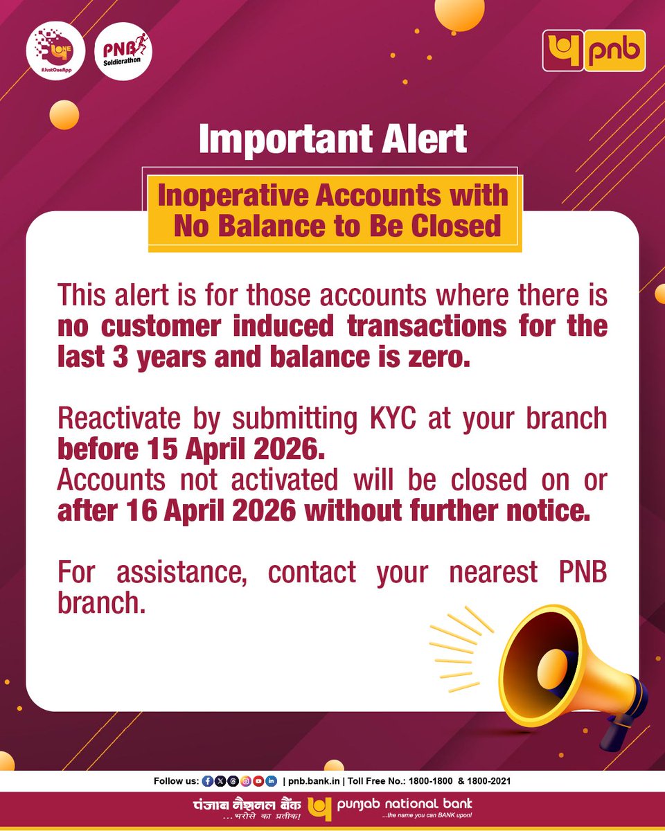 pnbindia's tweet image. Important Alert regarding Inoperative Accounts - please take note.

#PublicNotice #Information #Alert #Banking #PNB #KYC