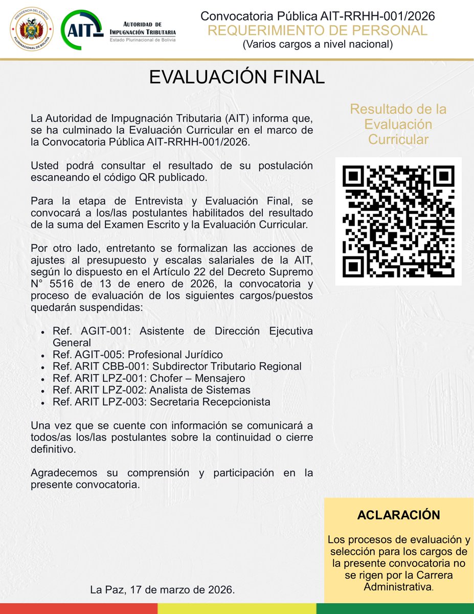 AitBolivia's tweet photo. La AIT informa que los resultados de la etapa de revisión documental de la Convocatoria Pública 001/2026  pueden ser verificados a través del código QR disponible en esta publicación.
#AIT https://t.co/zUpNSVbj12