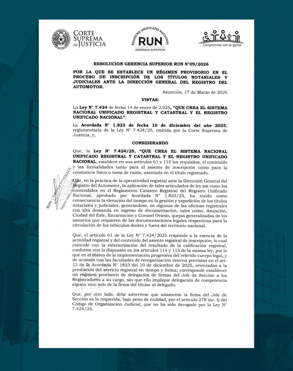 registrounifnac's tweet photo. 𝗥𝗘𝗦𝗢𝗟𝗨𝗖𝗜𝗢𝗡 𝗚𝗦 𝗡° 𝟵/𝟮𝟬𝟮𝟲
POR LA QUE SE ESTABLECE UN RÉGIMEN PROVISORIO EN EL PROCESO DE INSCRIPCIÓN DE LOS TÍTULOS NOTARIALES Y JUDICIALES ANTE LA DIRECCIÓN GENERAL DEL REGISTRO DEL AUTOMOTOR.
@lelizgonza https://t.co/jcQb5YS17G