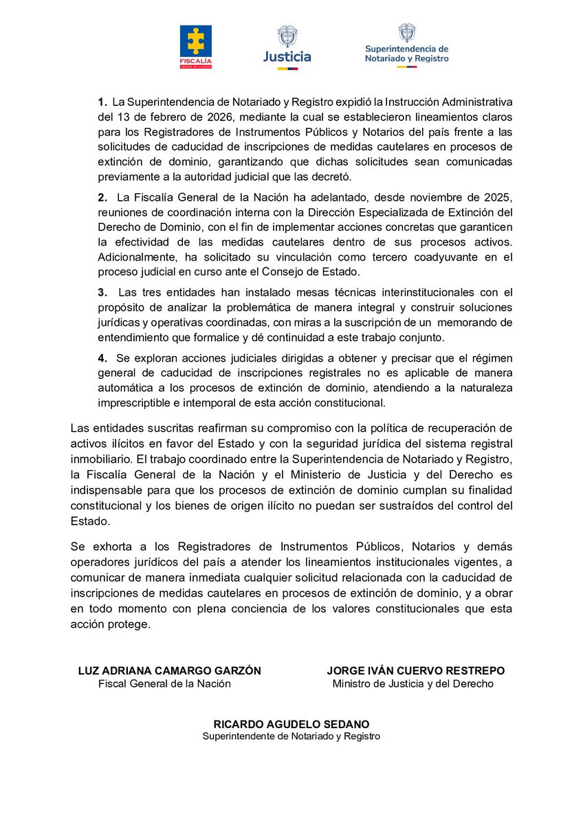 Trabajamos de manera articulada con <a href="/MinjusticiaCo/">MinJusticia Colombia</a> y <a href="/FiscaliaCol/">Fiscalía Colombia</a> para fortalecer y blindar el sistema registral. Nos estamos anticipando para evitar que los bienes de origen ilícito evadan el control institucional. 🇨🇴

Reafirmamos nuestro compromiso con la política de