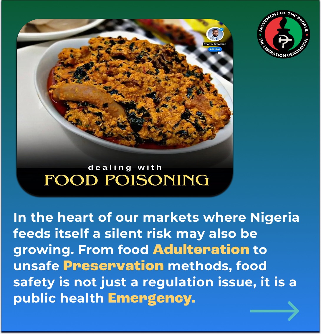 MopLagos's tweet photo. Nigeria feeds itself in our markets, but a silent risk is growing. From the Chioma Okoli case to the latest NAFDAC clarifications, the conversation around food safety is shifting.
​We don't just need regulations; we need a nation that eats without fear. https://t.co/UhexiI3BxY