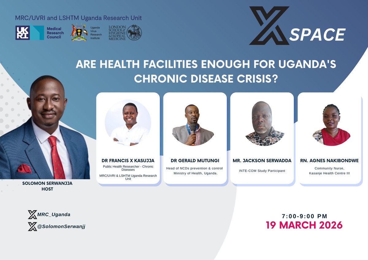 MRC_Uganda's tweet photo. Are health facilities enough to handle Uganda’s growing burden of chronic diseases?

Join this #XSpace conversation with @MRCUganda researchers, policymakers, frontline health workers, and community voices as we explore what the future of care could look like.

🎙 Hosted by @SolomonSerwanjj 

Link to the space: https://t.co/XnbyTnePgq
