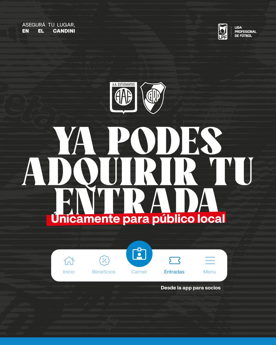 EstudiantesRio4's tweet photo. 𝐄𝐍𝐓𝐑𝐀𝐃𝐀𝐒 𝐀 𝐋𝐀 𝐕𝐄𝐍𝐓𝐀 📲 

Accedé a tu app de socio y asegurá tu lugar en el estadio.

Si sos socio y adquiriste tu abono, ya tenes tu ingreso para el partido.

Siendo socio y ya teniendo tu ingreso, podes adquirir entradas para tus allegados desde tu cuenta.

#VamosCeleste 🩵🦁