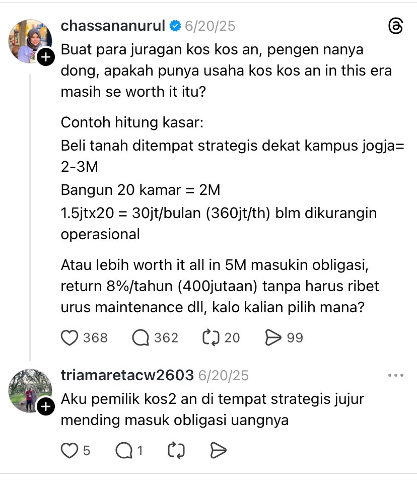 Kamu kalo ada duit 5M 
mening bangun kos2 an atau taro di obligasi?