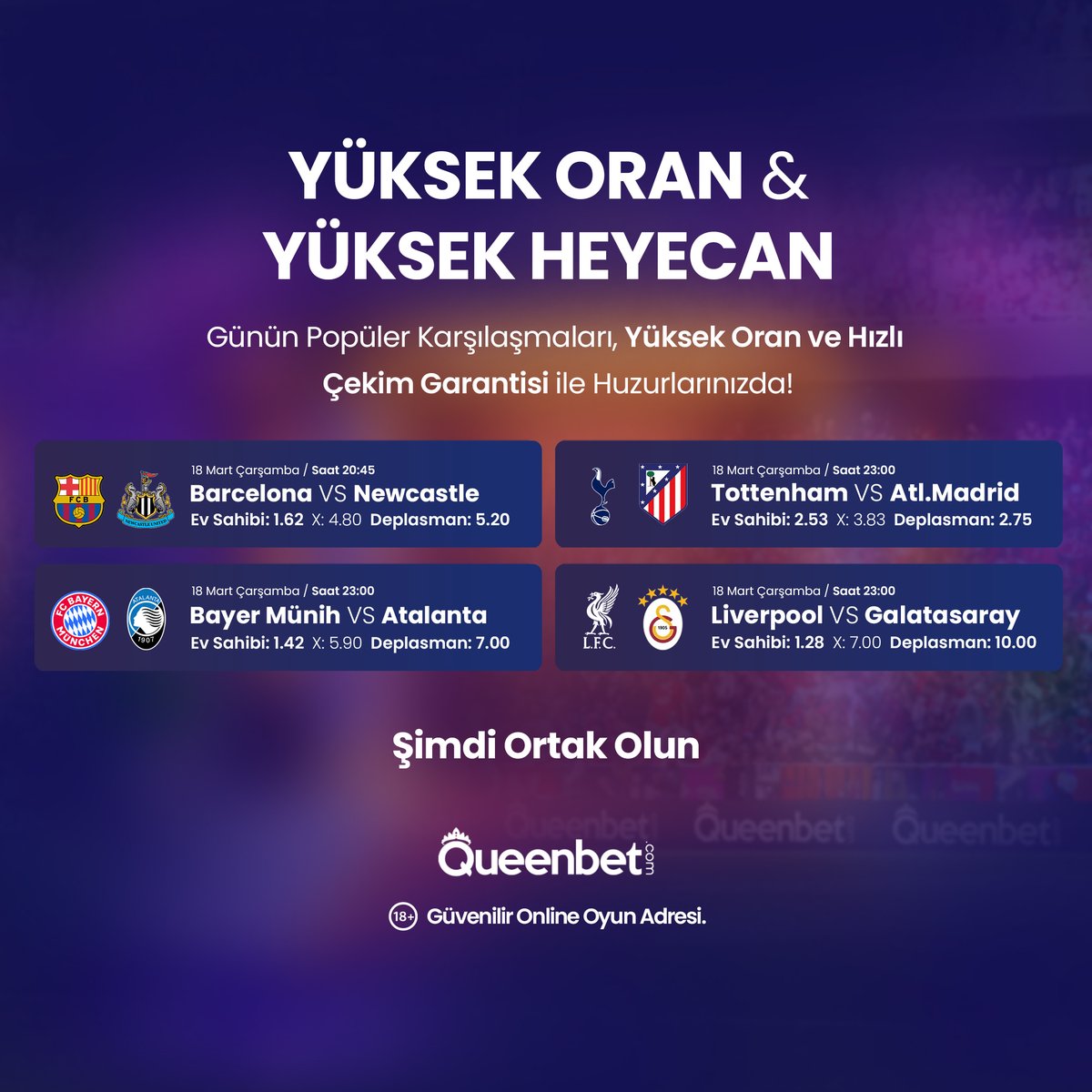 ŞAMPİYONLAR LİGİ ÖZEL ORANLARLA QUEENBET'TE!

Şampiyonlar Ligi'nde mücadele eden takımlar sahada kozlarını paylaşıyor!

Canlı ve maç önü bahis seçenekleri ile kazanç seni bekliyor!
