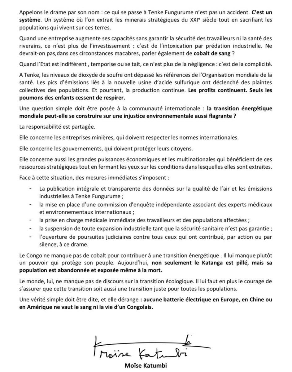 #RDC🇨🇩 : L’opposant <a href="/moise_katumbi/">Moise Katumbi</a> a alerté sur un « scandale sanitaire et écologique majeur » lié à l’exploitation de la mine de Tenke Fungurume, dans le Lualaba, opérée par la société chinoise CMOC Group Ltd, appelant à des mesures urgentes pour protéger les populations