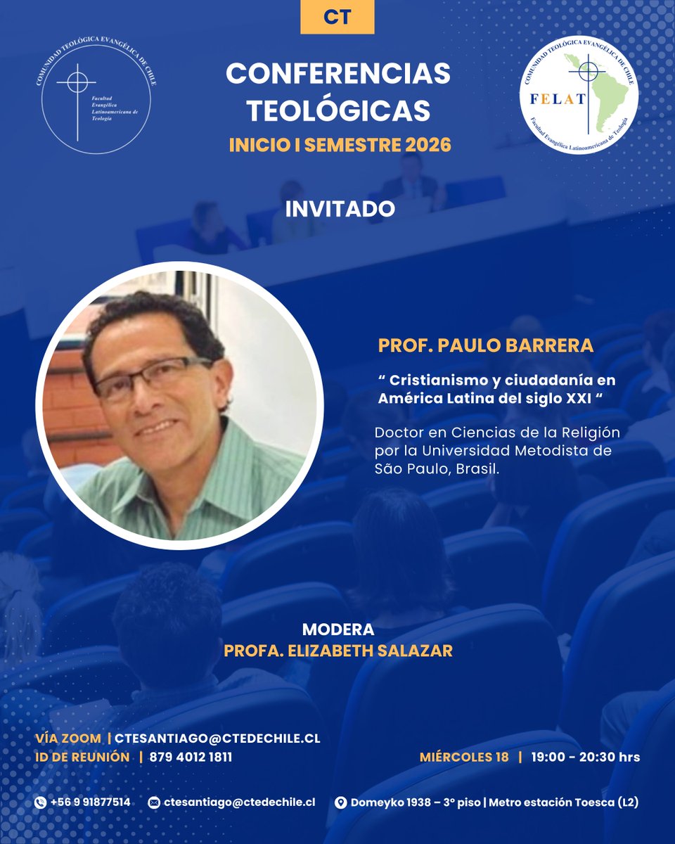 ctedechile's tweet photo. Les recordamos que hoy tenemos la segunda Conferencia Teológica a cargo del profesor, Dr. Paulo Barrera. Comenzamos a las 19.00 horas vía Zoom, por el mismo link de los días anteriores. Modera la profesora Elizabeth Salazar. Les esperamos!! https://t.co/Aq2bOVc8uL