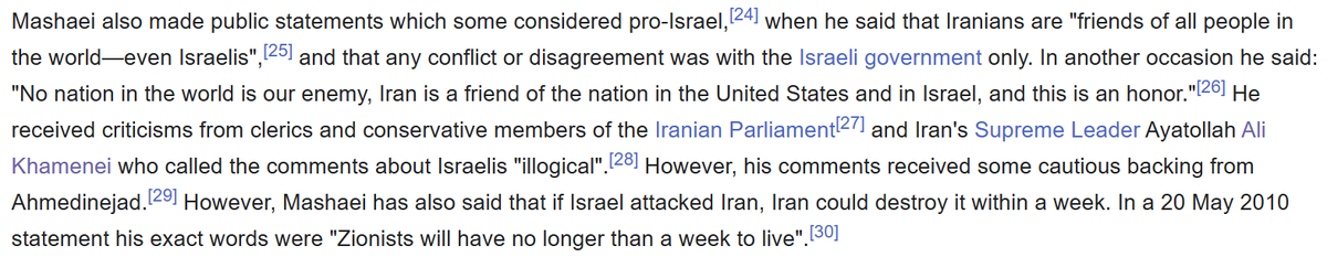 I hadn't been aware of it at the time but apparently at the beginning of Ahmadinejad's second term he got into a row with Khamenei because he wanted this guy as his VP
en.wikipedia.org/wiki/Esfandiar…