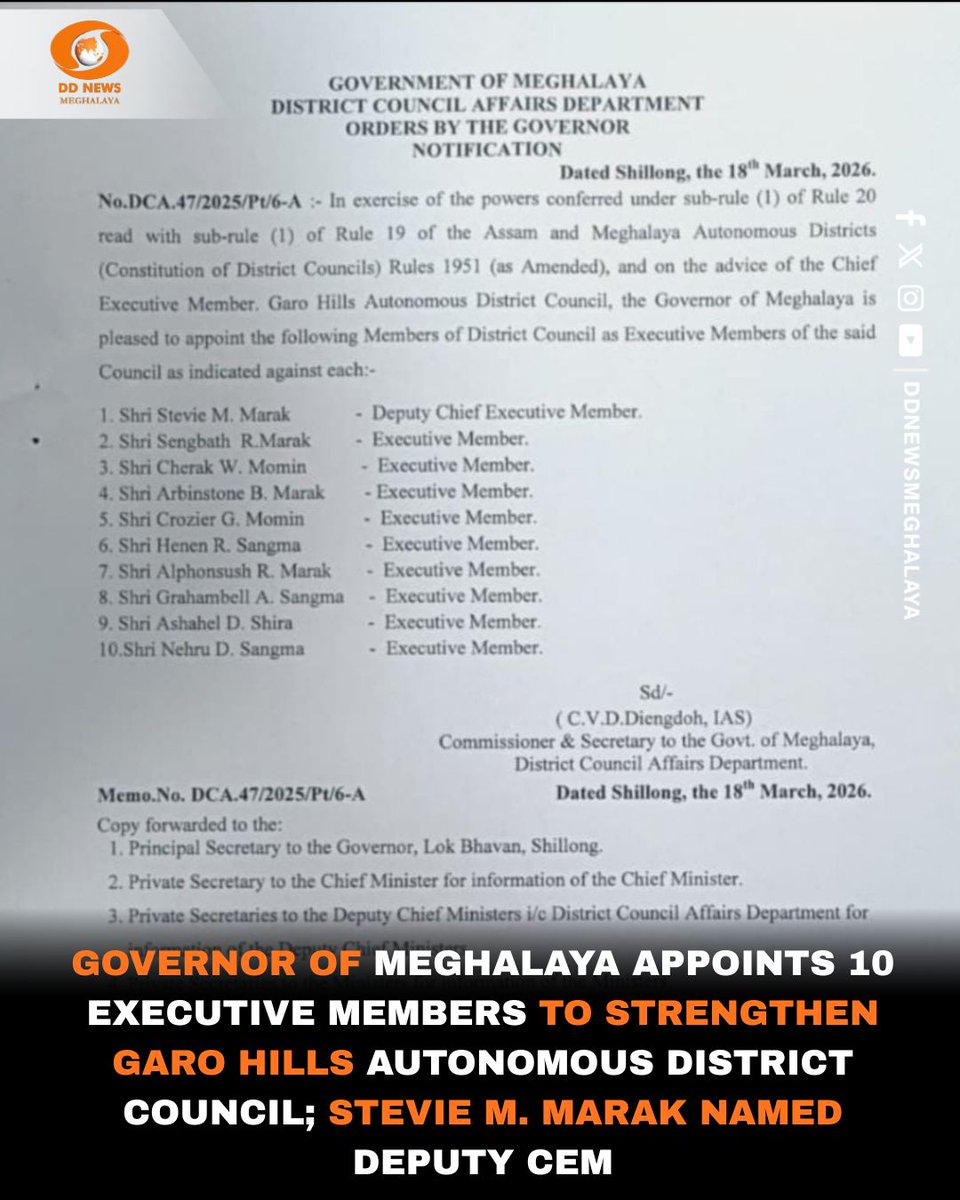 ddnewsshillong's tweet image. Governor of Meghalaya appoints 10 members as #Executive Members of the #GaroHillsAutonomousDistrictCouncil under 1951 Rules, on advice of the CEM, to strengthen executive functions