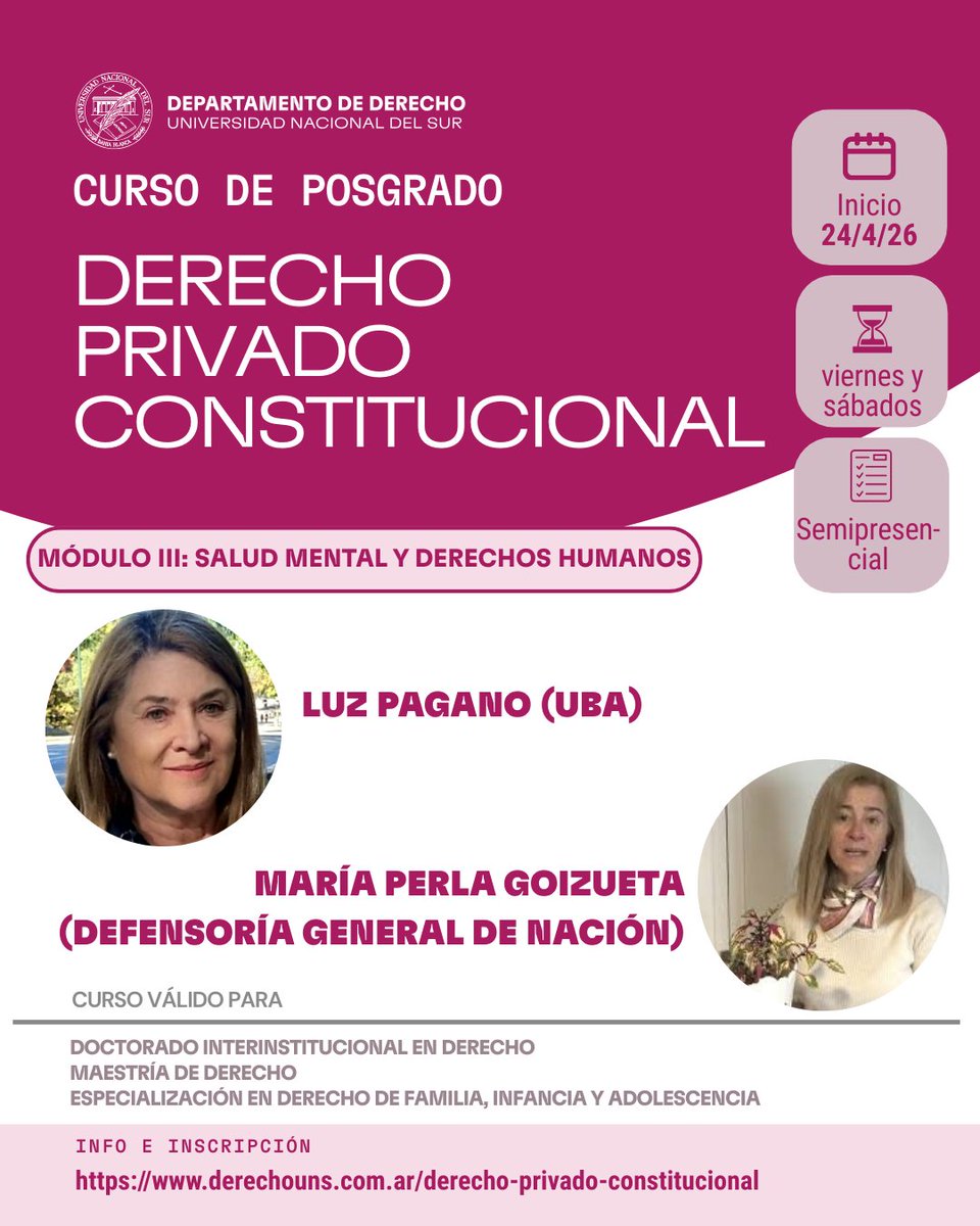 ⚖️ Curso de Posgrado | Derecho Privado Constitucional

📅 Inicio: 24 de abril de 2026
📍 Modalidad semipresencial
🗓️ Cursada: viernes y sábados

🔗 Información e inscripción:
derechouns.com.ar/derecho-privad…