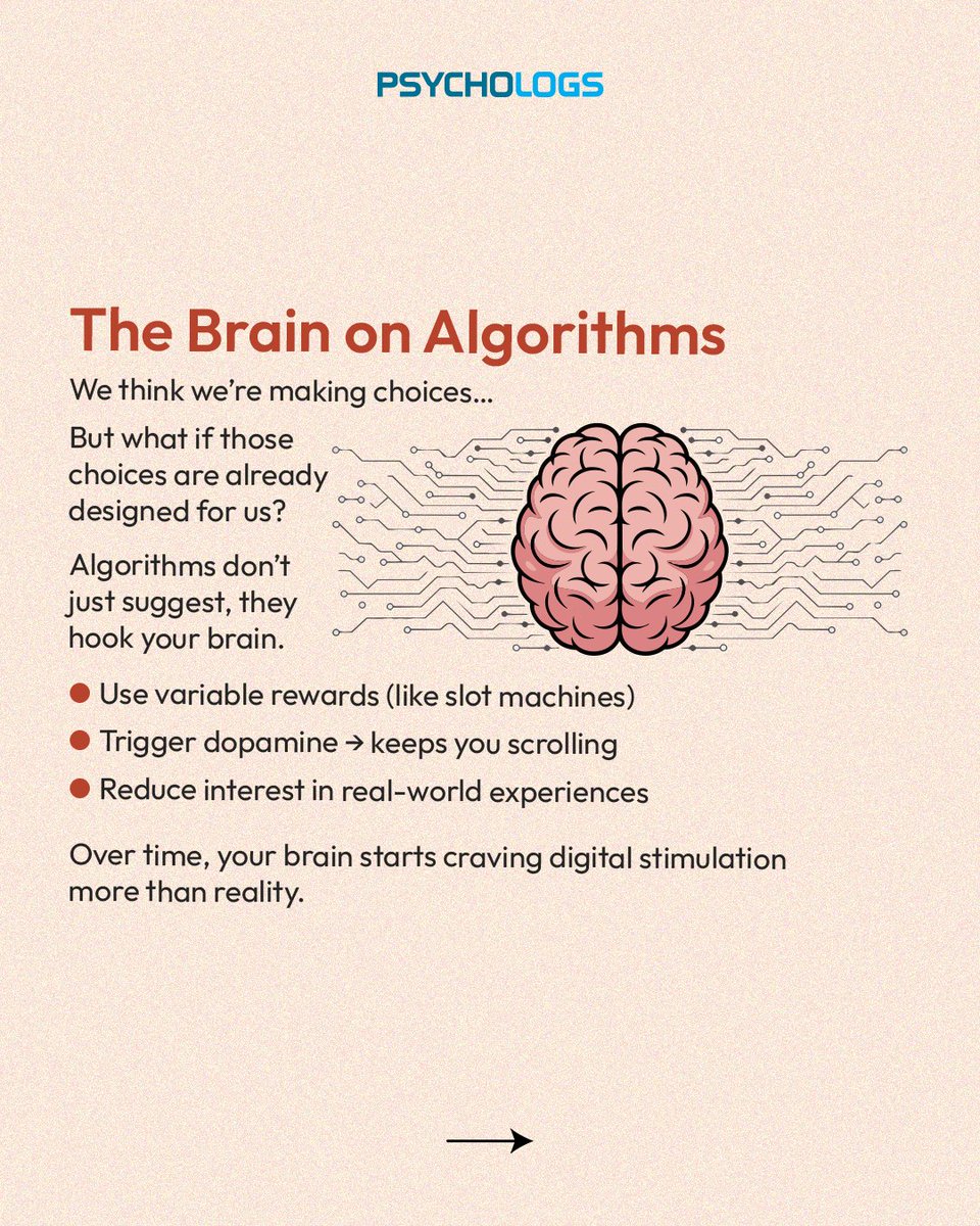 PsychologsIndia's tweet photo. Are you choosing your content… or is it choosing you?
From dopamine-driven scrolling to filter bubbles and emotional AI, algorithms are quietly shaping what we see, feel, and believe.
https://t.co/3ST5t9GBBN
#Algorithm #DigitalPsychology #TechAwareness #MindAndMachine https://t.co/GstJePeHhZ