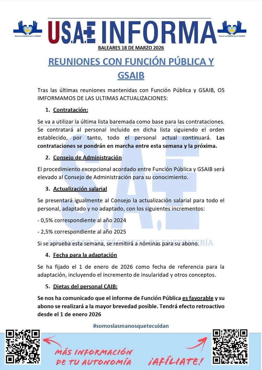 BALEARES 18 DE MARZO 2026 

REUNIONES CON FUNCIÓN PÚBLICA Y GSAIB 

 #somoslasmanosquetecuidan