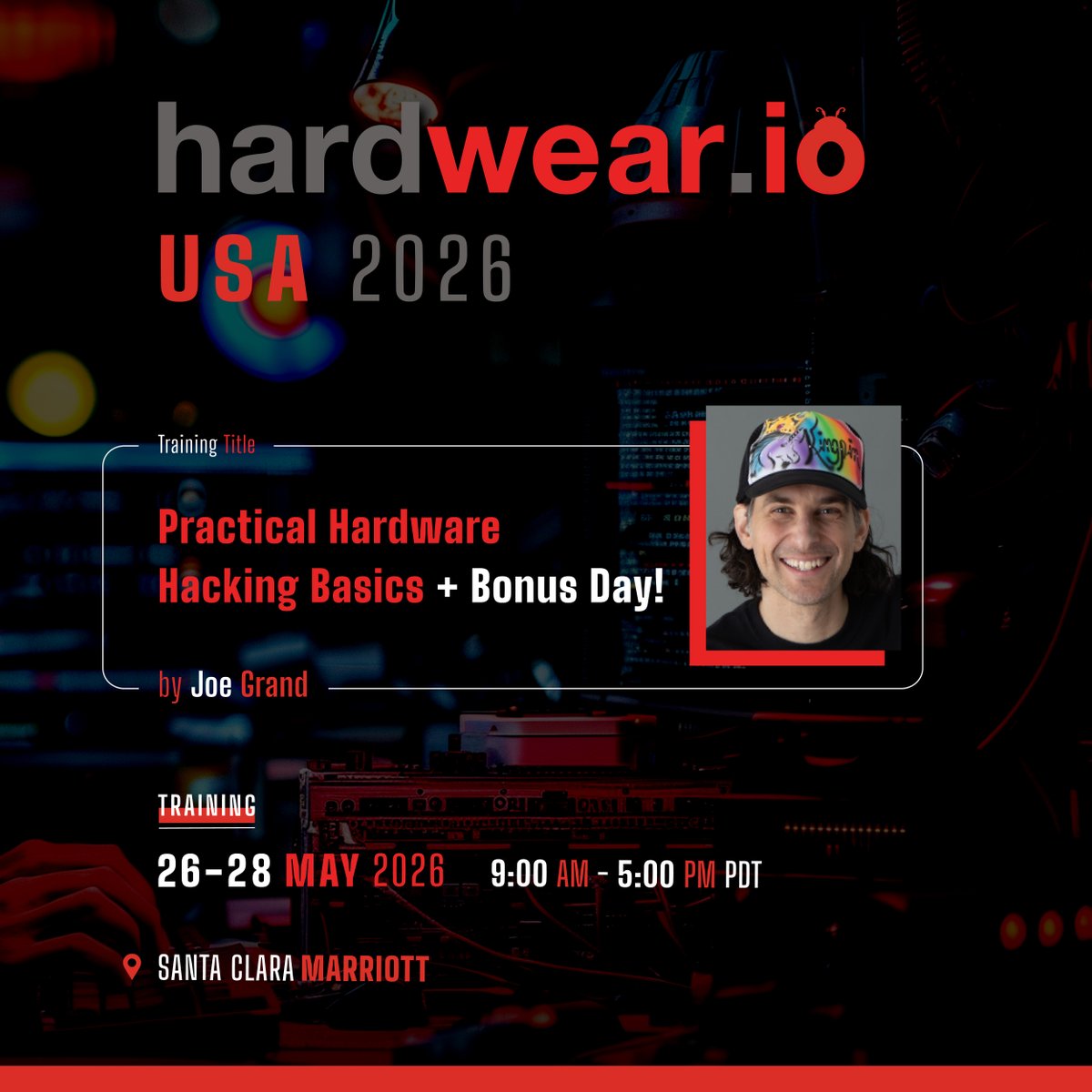 hardwear_io's tweet photo. Think hacking stops at software? Think again 🧠⚙️

@joegrand at #hw_ioUSA2026 will take you inside the hardware—literally. Learn teardown, soldering, signal analysis, and memory extraction before tackling a challenge to defeat a custom device’s security

👉https://t.co/PtrJHFyBVe https://t.co/OvINSVn4As
