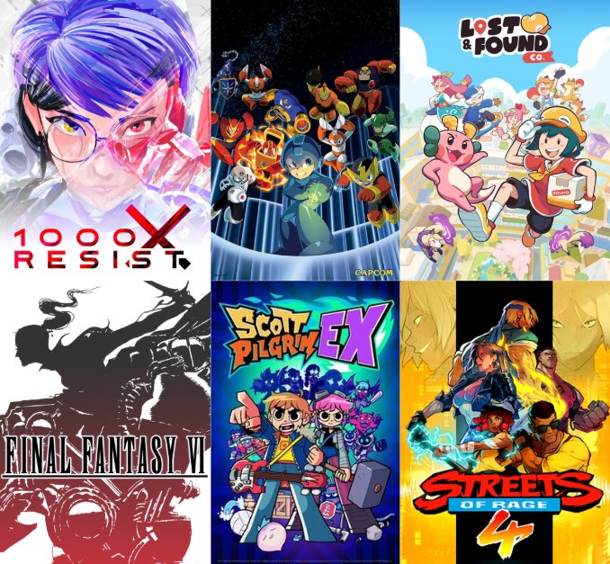 games i played so far this month:

1000xResist
Megaman Legacy Collection
Lost &amp; Found Co.
Final Fantasy 6
Scott Pilgrim EX
Streets of Rage 4
