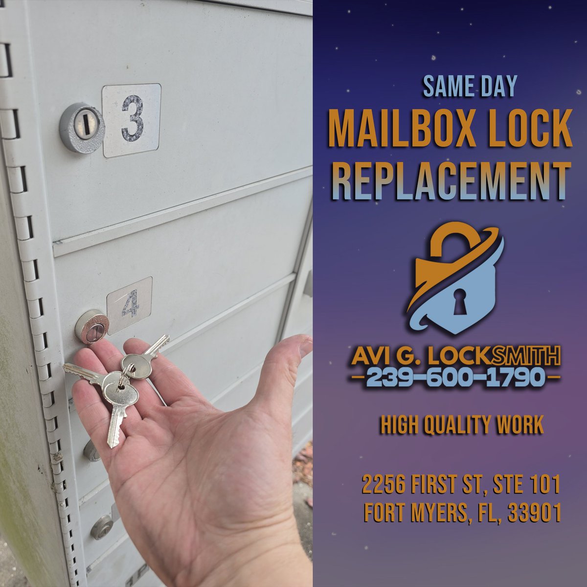 Avi_G_locksmith's tweet photo. Need mailbox lock replacement in Fort Myers? Lost key or broken mailbox lock? Call Avi G Locksmith today: 239-600-1790
.
.
.
#FortMyersLocksmith #CapeCoralLocksmith #MailboxLock #LocksmithNearMe #LocalService #LehighAcres #Lockout #MailboxKeys #TrustedLocksmith #LockReplacement https://t.co/zbLxoJfJYO