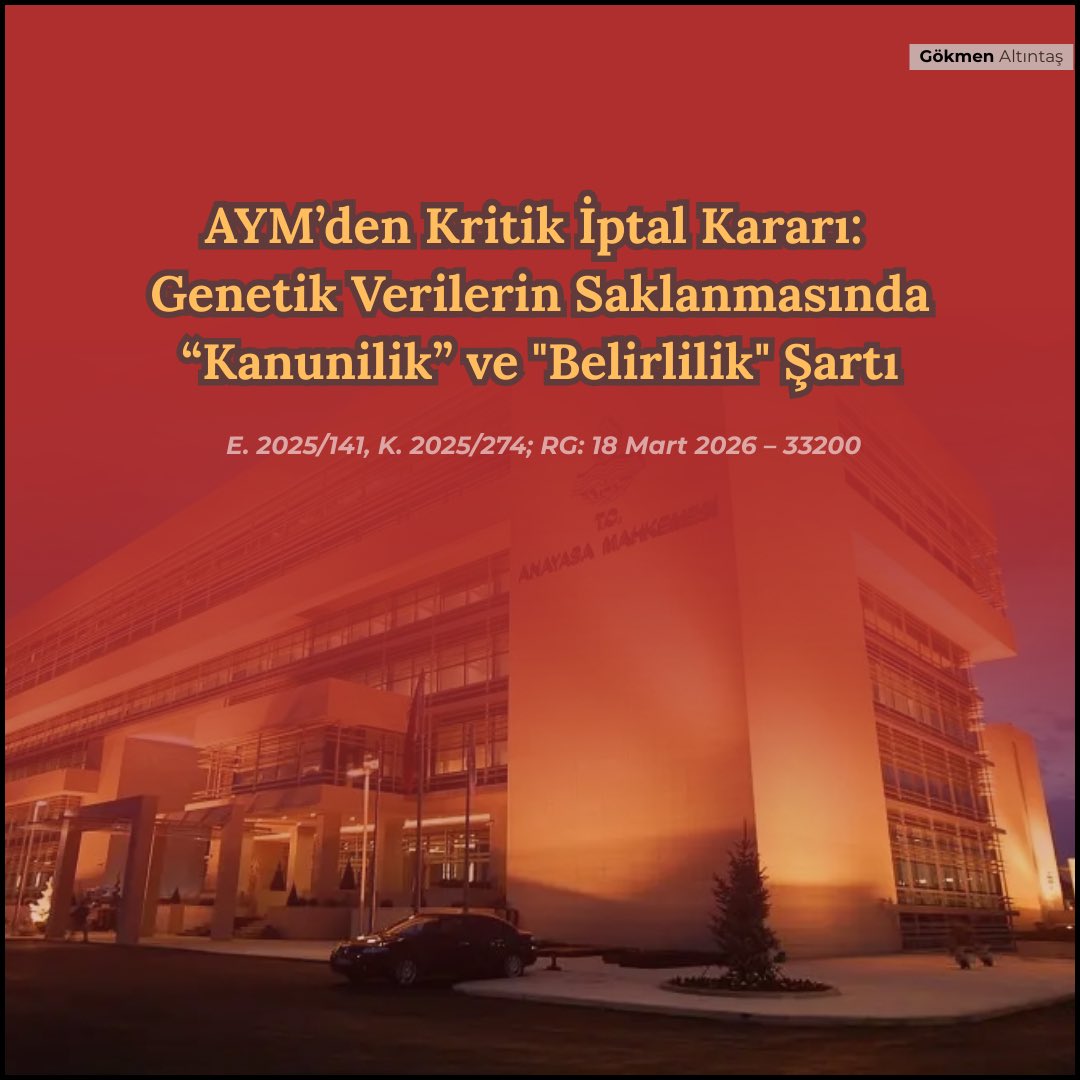 GokmenAlt's tweet photo. Anayasa Mahkemesi 25/12/2025 tarihinde 2025/141 Esas sayılı dosyasında, 5271 sayılı Ceza Muhakemesi Kanunu’nun 5353 sayılı Kanun’un 4. maddesiyle değiştirilen 80. maddesinin (2) numaralı fıkrasının Anayasa’ya aykırı olduğuna ve söz konusu hükmün iptaline karar vermiştir.

İptale konu olan kuralın, genetik verilerin hangi şartlarda, ne kadar süreyle ve hangi usullerle saklanacağına dair açık ve öngörülebilir bir çerçeve sunmadığı görülmektedir. Özellikle yalnızca bazı kararların kesinleşmesi hâlinde verilerin imha edileceğinin düzenlenmesi, bunun dışında kalan hâllerde verilerin akıbetine ilişkin bir belirsizlik yaratmaktadır. Bu durum, bireylerin hangi koşullarda verilerinin saklanmaya devam edeceğini öngörememelerine yol açmakta ve keyfî uygulamalara zemin hazırlamaktadır. Bu yönüyle kuralın kanunilik ve belirlilik ilkelerini karşılamadığı yönündeki tespit yerindedir.

Öte yandan, suçla mücadele ve kamu düzeninin sağlanması amacıyla genetik verilerin belirli ölçülerde kullanılmasının meşru olduğu kuşkusuzdur. Ancak bu meşru amaç, sınırsız ve süresiz bir veri saklama yetkisini haklı kılmaz. Aksine, ölçülülük ilkesi gereği; veri saklama süresi, suçun niteliği, kişinin dosyadaki sıfatı ve yargılama sonucunda verilen karar gibi kriterlere bağlı olarak açıkça sınırlandırılmalıdır. Ayrıca veri sahibine erişim, düzeltme ve silme talep etme imkânlarının tanınması ile etkili yargısal denetim mekanizmalarının öngörülmesi de zorunludur.

Mahkeme’nin kararına ek olarak vurgulanması gereken husus, genetik verilerin yalnızca saklanma süresi bakımından değil, kullanım amacı bakımından da sıkı bir şekilde sınırlandırılması gerektiğidir. Bu verilerin, elde edildikleri somut soruşturma veya kovuşturma dışında başka dosyalarda kullanılabilmesi, ancak açık bir kanuni düzenleme ve sıkı şartlar çerçevesinde mümkün olmalıdır. Aksi hâlde, bireylerin genetik profillerinin fiilen bir veri tabanında toplanması ve ileride belirsiz amaçlarla kullanılabilmesi gibi ağır bir müdahale ortaya çıkabilir.

Sonuç olarak, genetik verilerin korunmasına ilişkin yeterli güvenceleri içermeyen ve belirsizlik yaratan düzenlemenin iptal edilmesi, hem hukuk devleti ilkesinin hem de kişisel verilerin korunması hakkının etkinliği bakımından yerinde ve gerekli bir müdahaledir. Bu kararın, ileride yapılacak yasal düzenlemeler açısından daha açık, sınırlı ve güvenceli bir sistem kurulmasına katkı sağlayacağı değerlendirilmektedir.

Kararın tam metnine belirtilen linkten ulaşabilirsiniz: https://t.co/FPw3J4KmBb