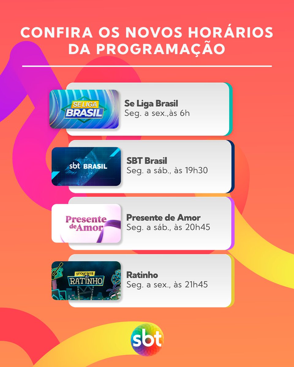 SBTonline's tweet image. 📺✨ Confira os novos horários da programação do SBT! Prepare-se para curtir seus programas favoritos com horários atualizados! 😍

Marque na agenda e não perca nenhum detalhe! 🔥 #SBT #Programação