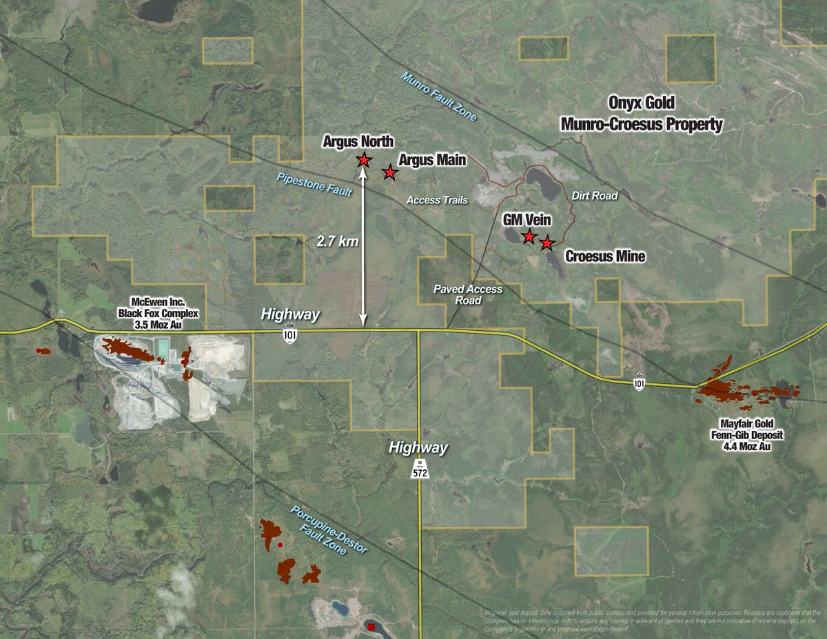 OnyxGoldCorp's tweet photo. The Timmins Gold Camp has produced 76Moz+ Au over 100+ years and remains Canada’s premier gold district with road, power, rail and multiple operating mills.

Munro-Croesus Project (109 km², 75 km east of Timmins) offers highway access, key structures and year-round drilling.

More: https://t.co/Xznf3lNd54

#OnyxGold #TimminsGoldCamp #$ONYX.V